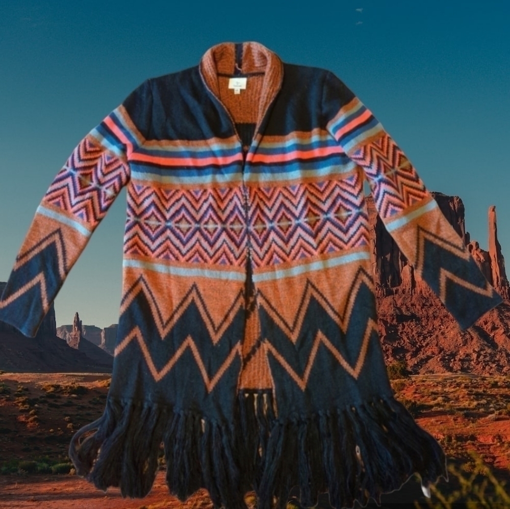 colorful tribal knit fringe Bohemian Festival long open duster/cardigan sz M - Picture 13 of 14